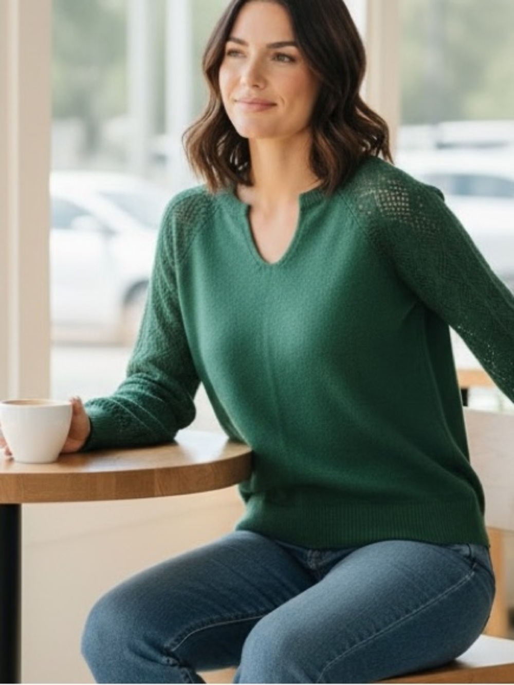 Green Knit V-Neck Sweater XL Messic cut out bishop sleeves so soft NWT